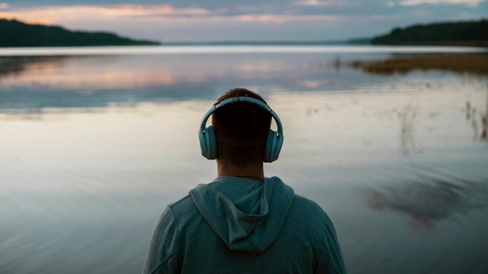 A,Man,Meditates,With,Headphones,In,Nature.,He,Listens,To